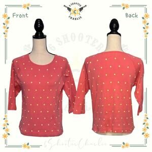 Onque Women's Polka Dot Knit Top Size Small Pink 3/4 Sleeve Crewneck 100% Cotton